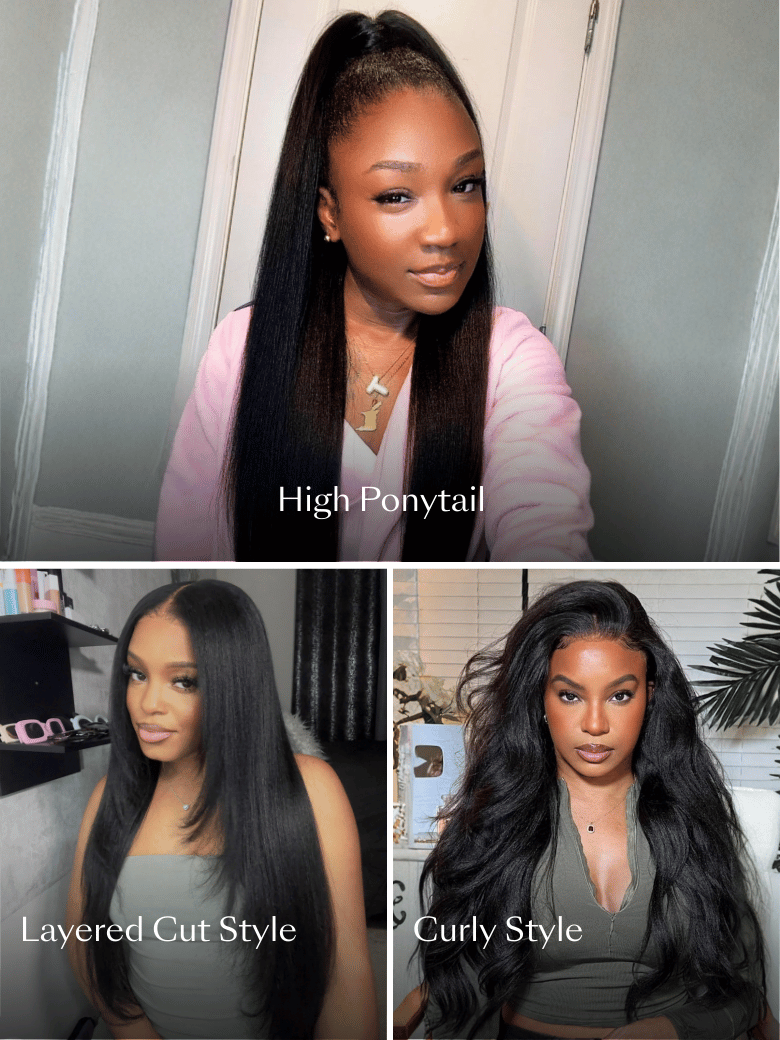 Black layered yaki textured glueless wig styled in a middle part versus a side part on a model lifestyle comparison.