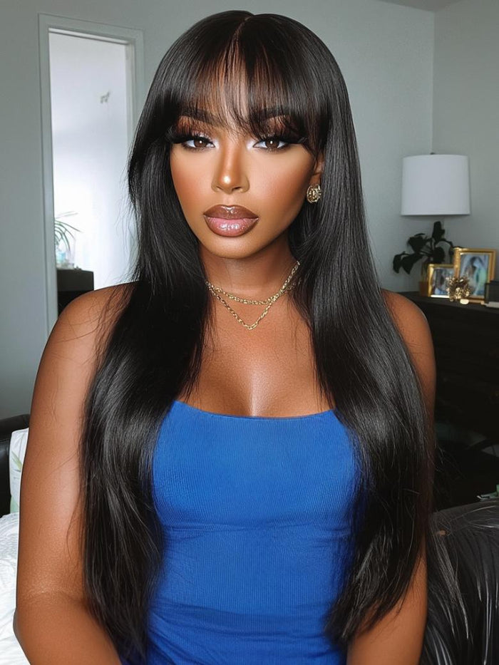 Petaluxe Black Yaki Wig Human Hair Glueless Wig with Blunt Bangs With Wispy Air Bangs