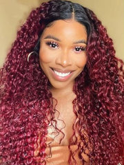 [22"=$99] Beginner Friendly V Part Burgundy Ombre With Dark Roots Curly Wig 150% Density