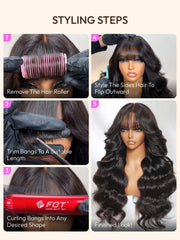 7x5 Bye-Bye Knots? & 13x4 Pre-Everything? Lace Frontal Black Fluffy Natural Loose Wave Curtain Bangs Wig