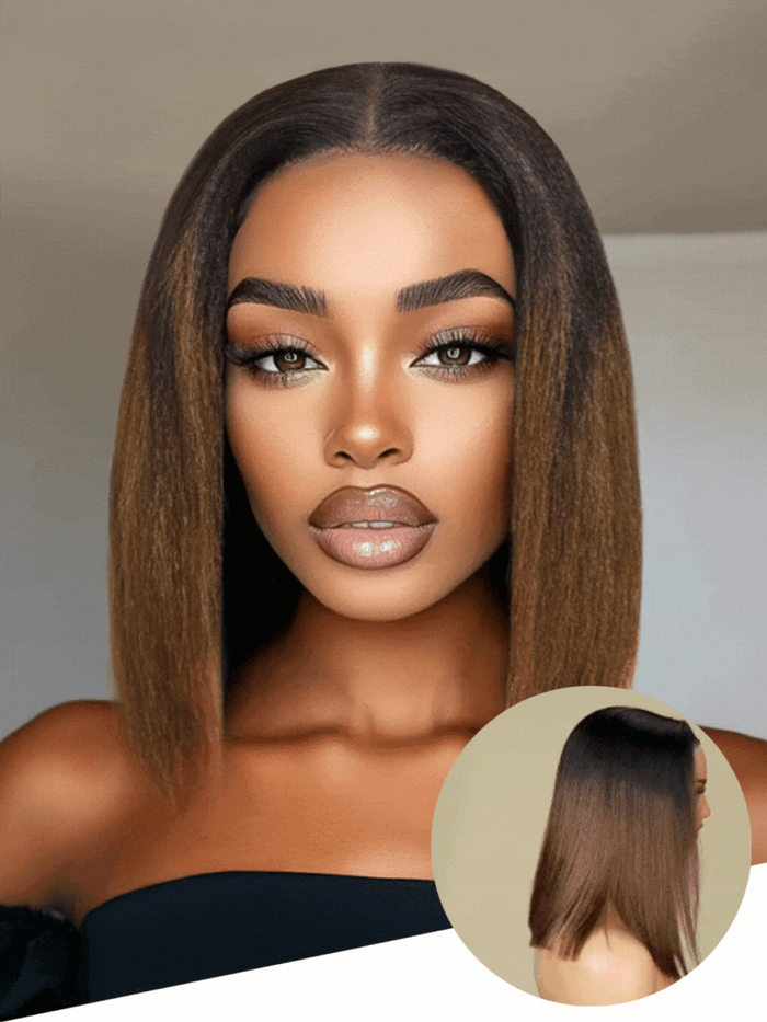 Petaluxe Bye-Bye Knots Bold & Refined 7x5 Lace Black to Chestnut Brown Ombre Yaki Bob Wig
