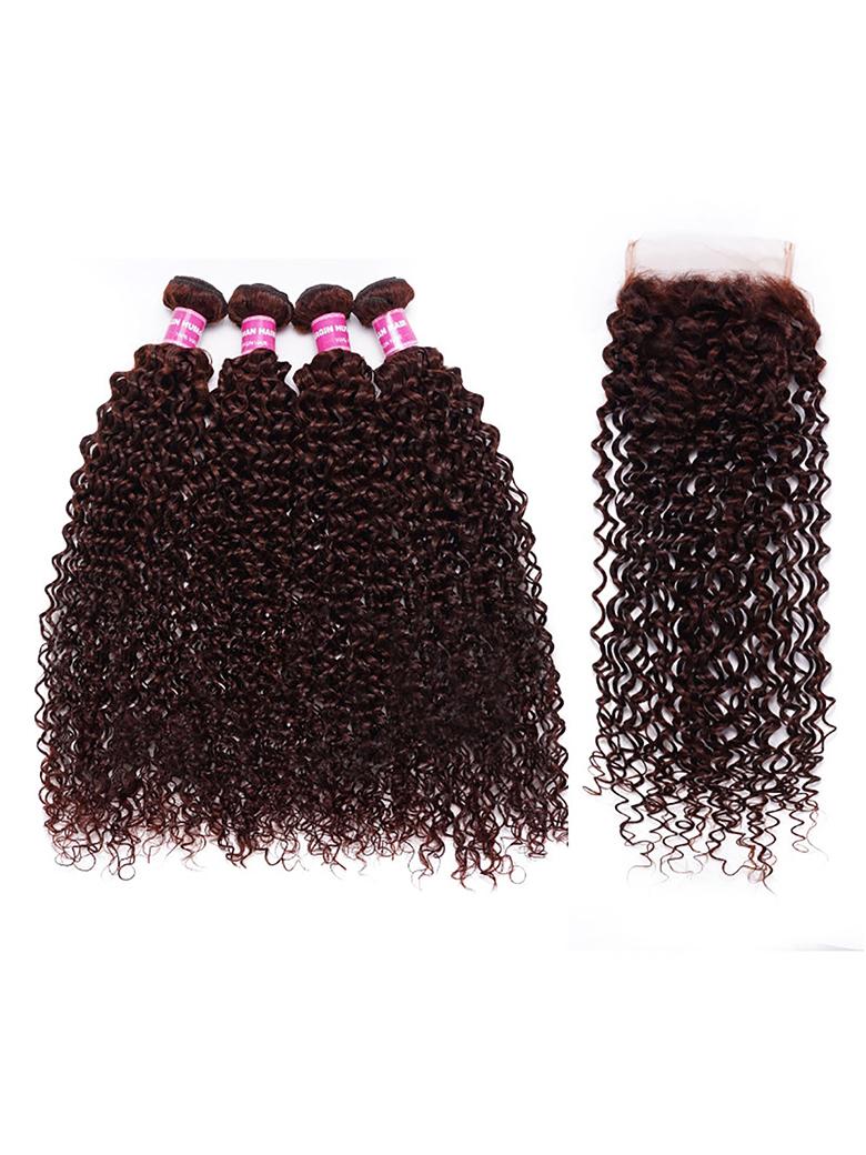 Dark Auburn Jerry Curl Remy Human Hair 4 Bundles With Closure Deal