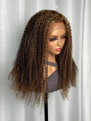 Honey Blonde Sun Kissed Highlights 13x4 Transparent Lace Front Kinky Curly Wig 150% Density