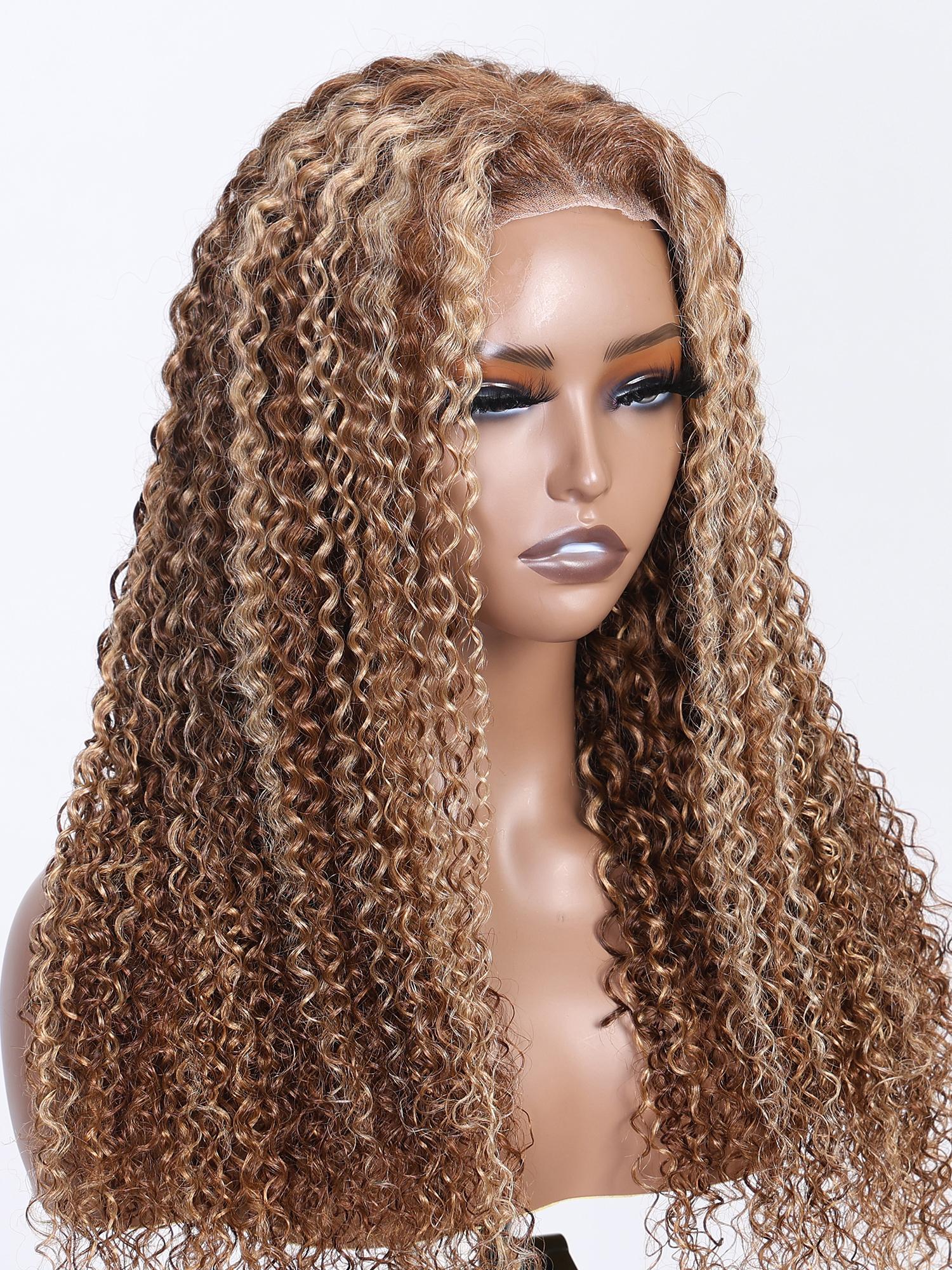 [From 20"] 6x4.5 Pre Cut Lace Wig Put On And Go Honey Blonde Kinky Curly Glueless Lace Wig 150% Density
