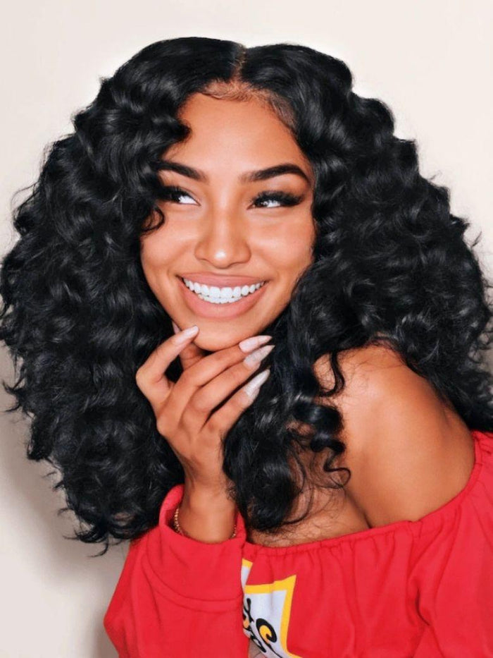 Petaluxe Bye Bye Knots Wig 7x5 Glueless Lace Black Brown Highlights Wand Curls Wig With Bleached Knots 200% Density
