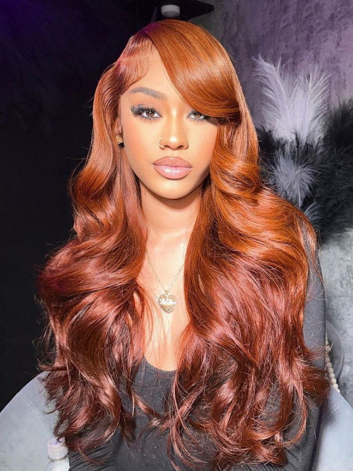 Petaluxe [18"-22''] 7x5 Bye Bye Knots Red Orange Highlights Lace Wig with Face Framing Layers Loose Wave Wig