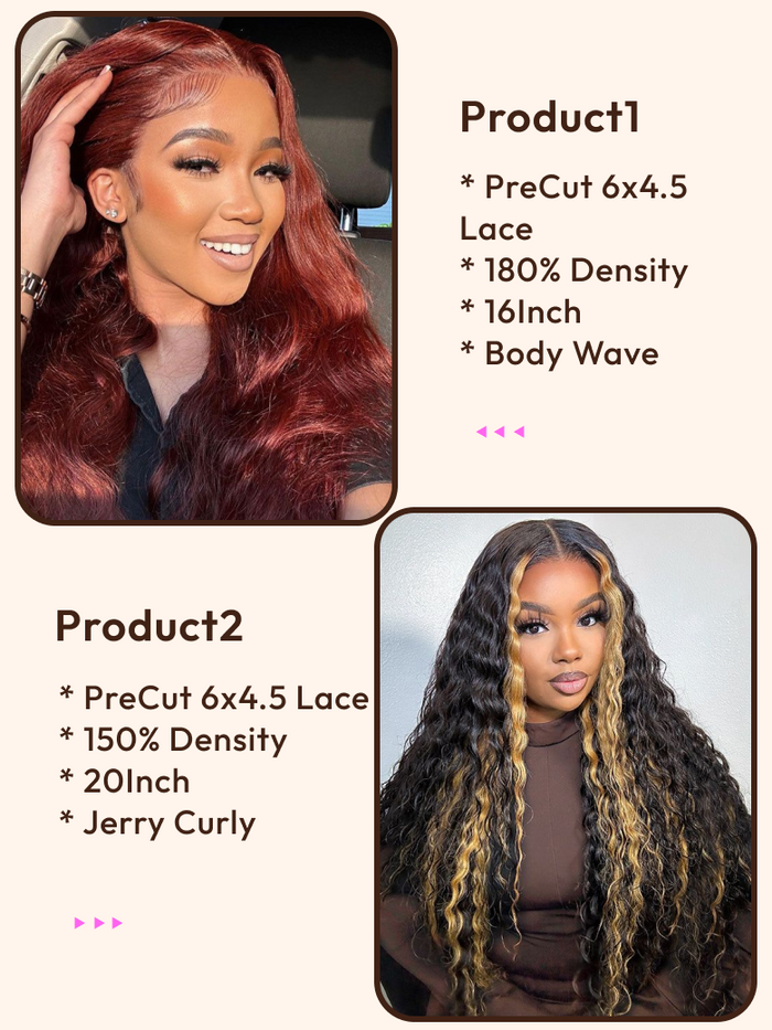 Petaluxe 2 Wigs $221 for PreCut 6x4.5 Lace Blonde Highlight Curly Hair 20Inch and 180% Density PreCut 6x4.5 Lace Reddish Brown Body Wave 16Inch