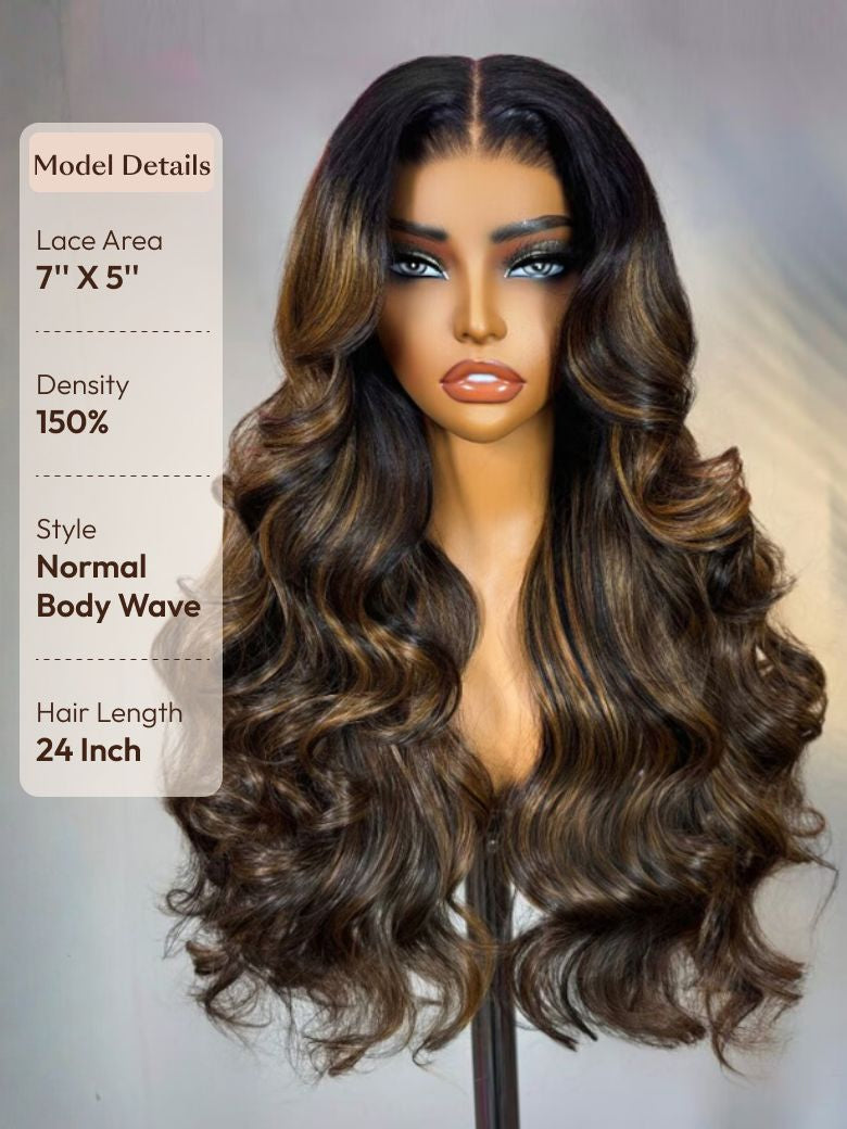 7x5 Bye Bye Knots? Wig Glueless Lace Balayage Highlight Body Wave Drawstring & Curtain Bangs Wig