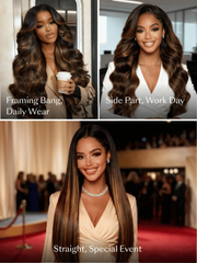 Highlighted brown human hair wig shown in three styles: framing bangs, a professional side part, and sleek straight.