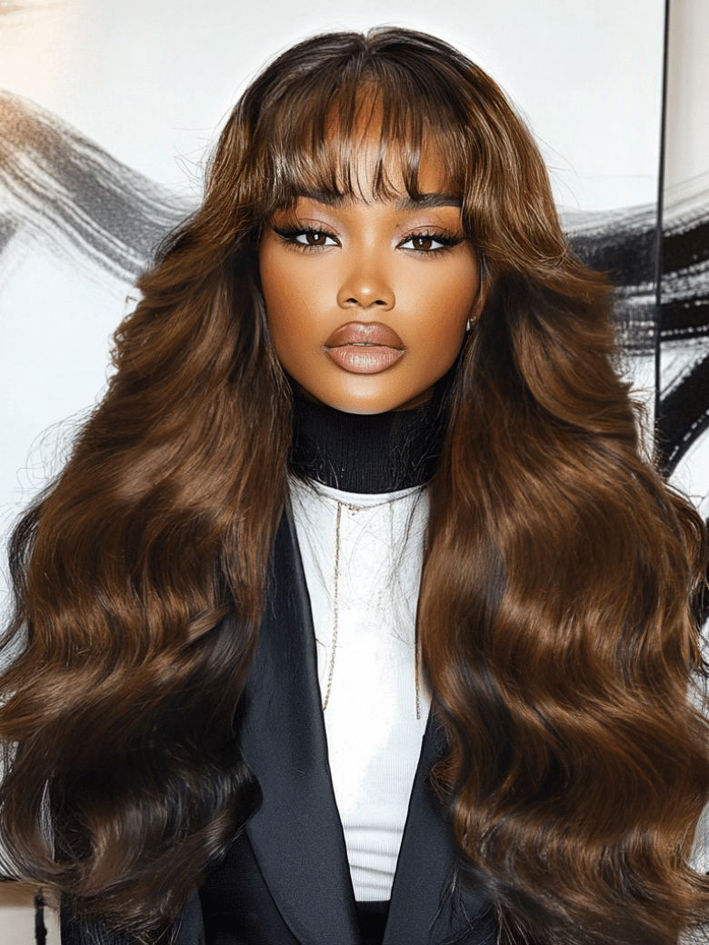 18'' 7x5 Black Brown Money Piece Fluffy Loose Wave Curtain Bangs Wig Bye Bye Knots Wig