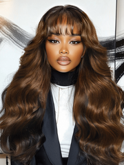 [18''=$89]7x5 Black Brown Money Piece Fluffy Loose Wave Curtain Bangs Wig