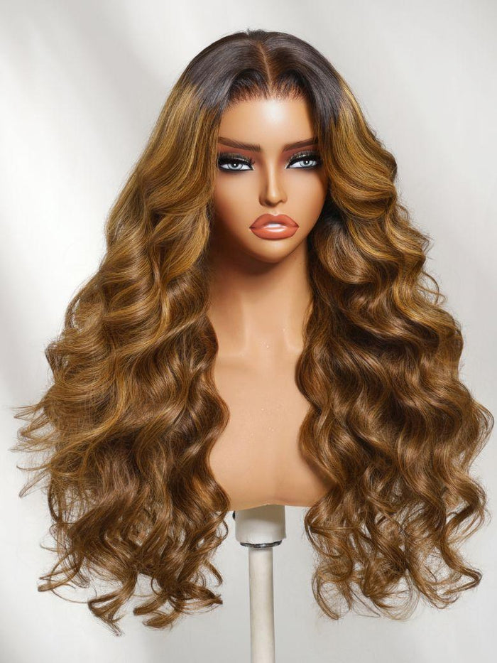 Petaluxe Bye-Bye Knots? 7x5 Lace Honey Brown Highlights Body Wave Drawstring Wig with Dark Roots