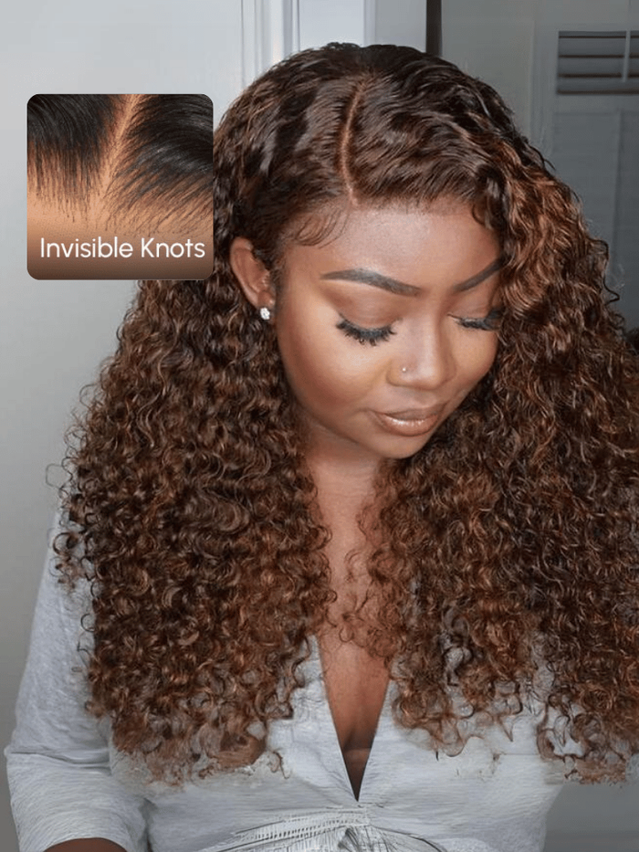 Petaluxe Bye Bye Knots Wig 7x5 Glueless Lace Highlight Piano Brown Kinky Curly Wig with Bleached Knots