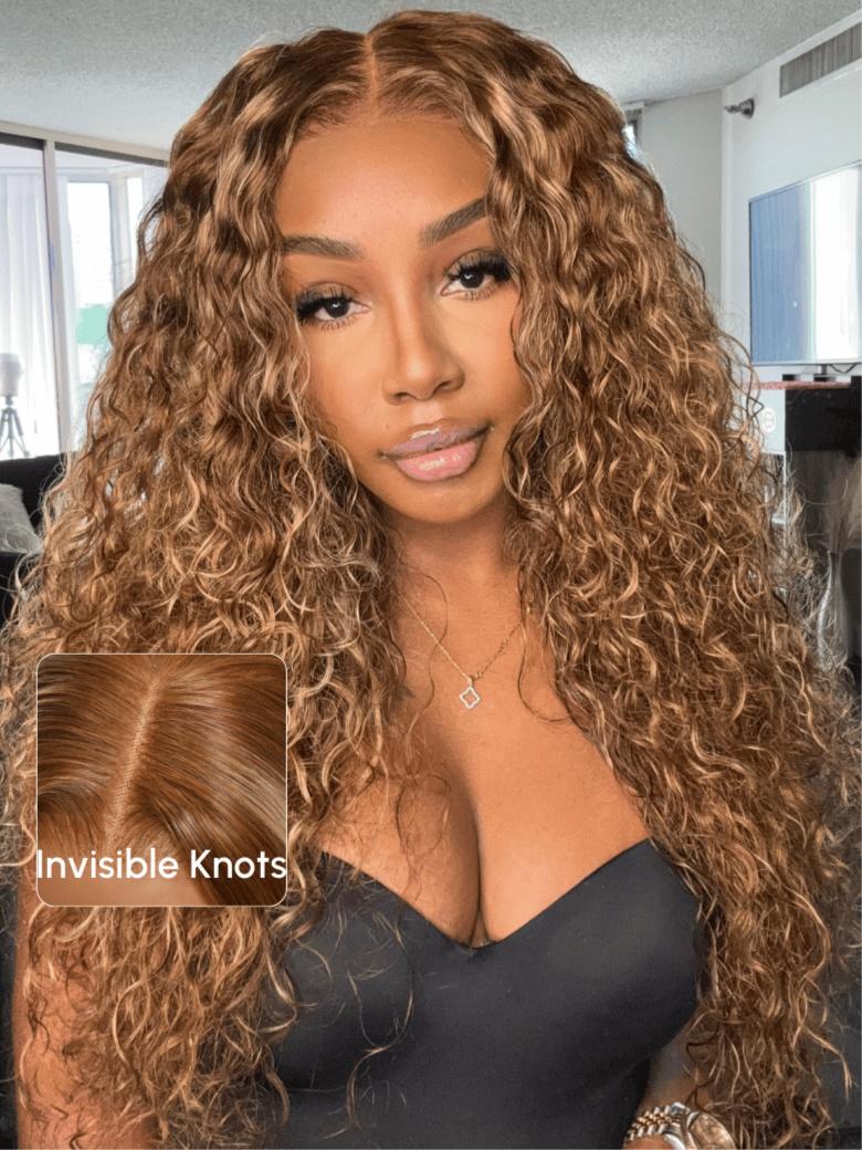 13x4 Lace Front Honey Blonde Highlights Water Wave Pre-Everything Wig With Invisible Knots