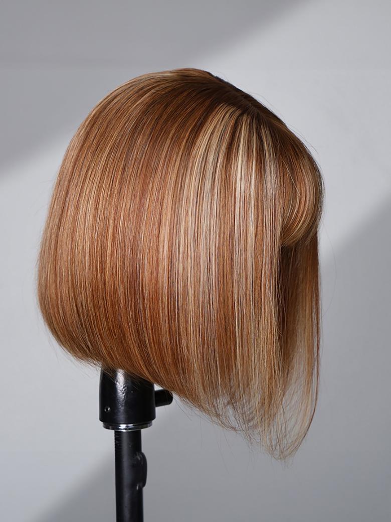 4x0.75 Lace Part Honey Blonde Highlights Straight Bob Wig With Wispy Bangs