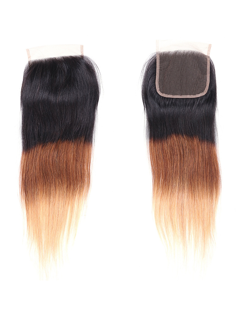 3 Tones Ombre Straight Human Hair Lace Closure Sew In 1B/4/27 Remy Hair