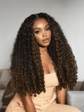 Petaluxe Black to Chestnut Brown Ombre Curly Texture Premium Hair Drawstring V Part Wig With Finger Coil Ends