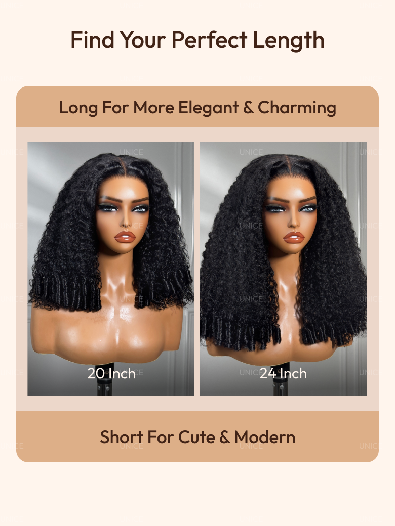 A length comparison guide for black kinky curly wigs on a mannequin, showing the difference between a 20-inch and 24-inch length with finger coil ends.