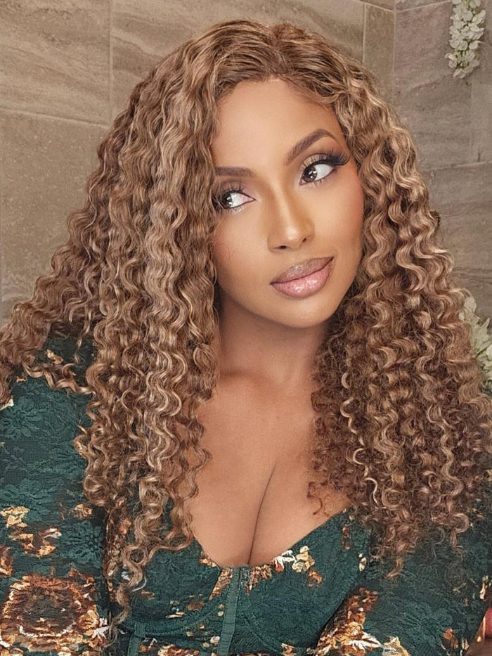 Petaluxe Bye Bye Knots Wig 7x5 Glueless Lace Honey Blonde Jerry Curly Bleached Knots Wig 150% Density