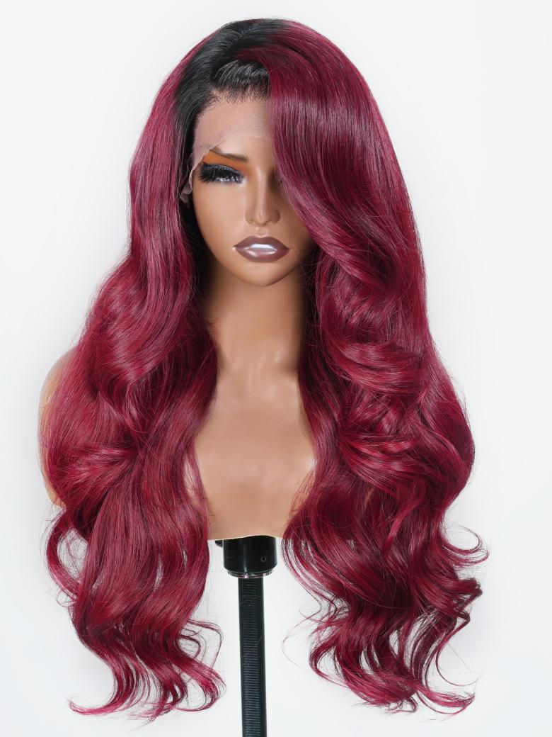 24" 180% Density 13x4 Lace Front Burgundy Red With Dark Roots Body Wave Wig