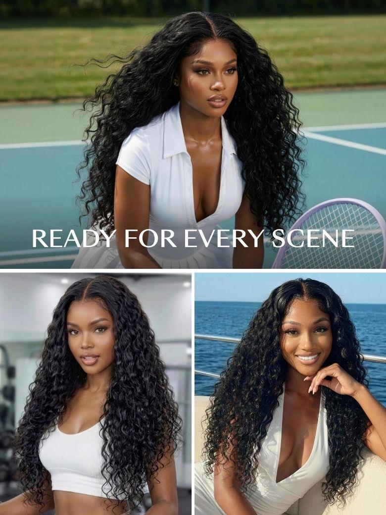 secure glueless water wave lace closure wig, styled for tennis, gym, and boat lifestyle scenes.