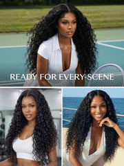 secure glueless water wave lace closure wig, styled for tennis, gym, and boat lifestyle scenes.