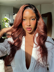 Glueless Dark Red Auburn Body Wave U Part Wig With Black Roots