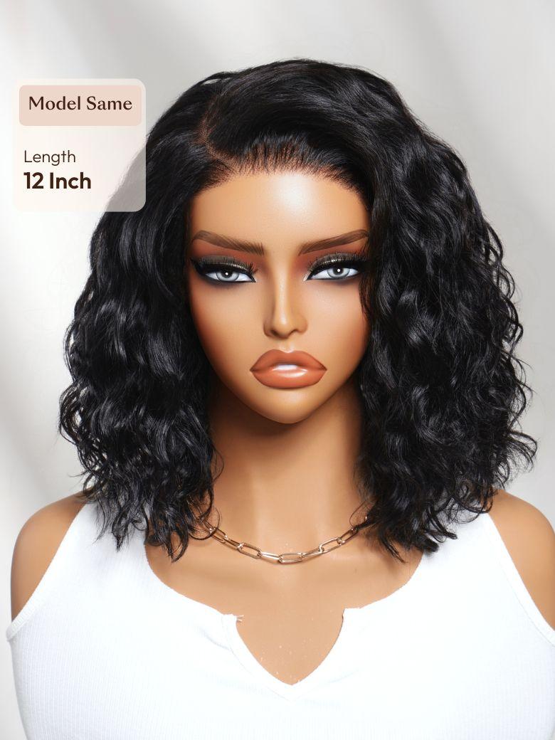 12-inch black wavy bob glueless wig displayed on a mannequin head with a natural side part.
