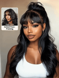 Petaluxe [Free Wig For All Length] 7x5 Bye Bye Knots? 180% Density Black Fluffy Natural Loose Wave Curtain Bangs Wig with Invisi Drawstring