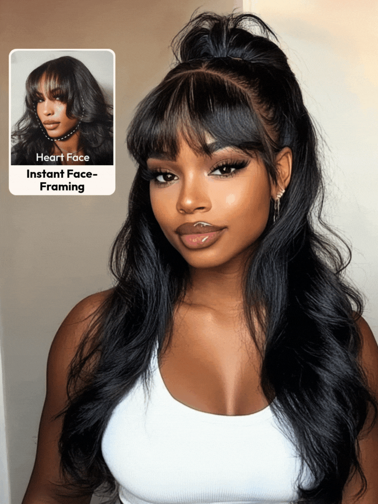 7x5 Bye Bye Knots? 180% Density Black Fluffy Natural Loose Wave Curtain Bangs Wig
