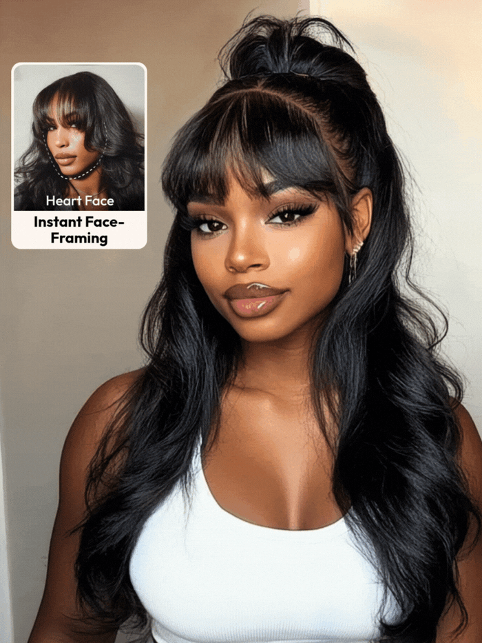 Petaluxe [Free Wig For All Length] 7x5 Bye Bye Knots? 180% Density Black Fluffy Natural Loose Wave Curtain Bangs Wig with Invisi Drawstring