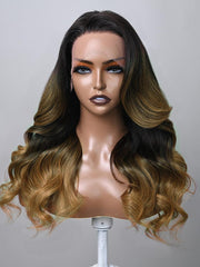 13x4 Lace Front Toasted Caramel Ombre Body Wave Wig With Dark Roots