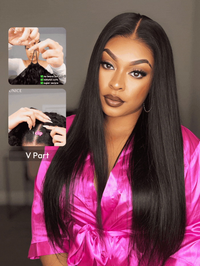 Petaluxe EasiContour? V Part Glueless Yaki Straight Wig With Invisi Drawstring 100% Human Hair 150% Density