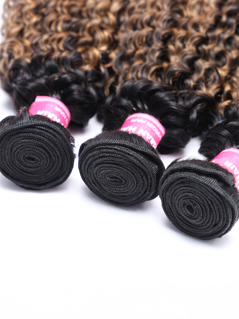 4x4 Lace Closure With 3 Bundles Jerry Curly #FB30 Brown Balayage Color