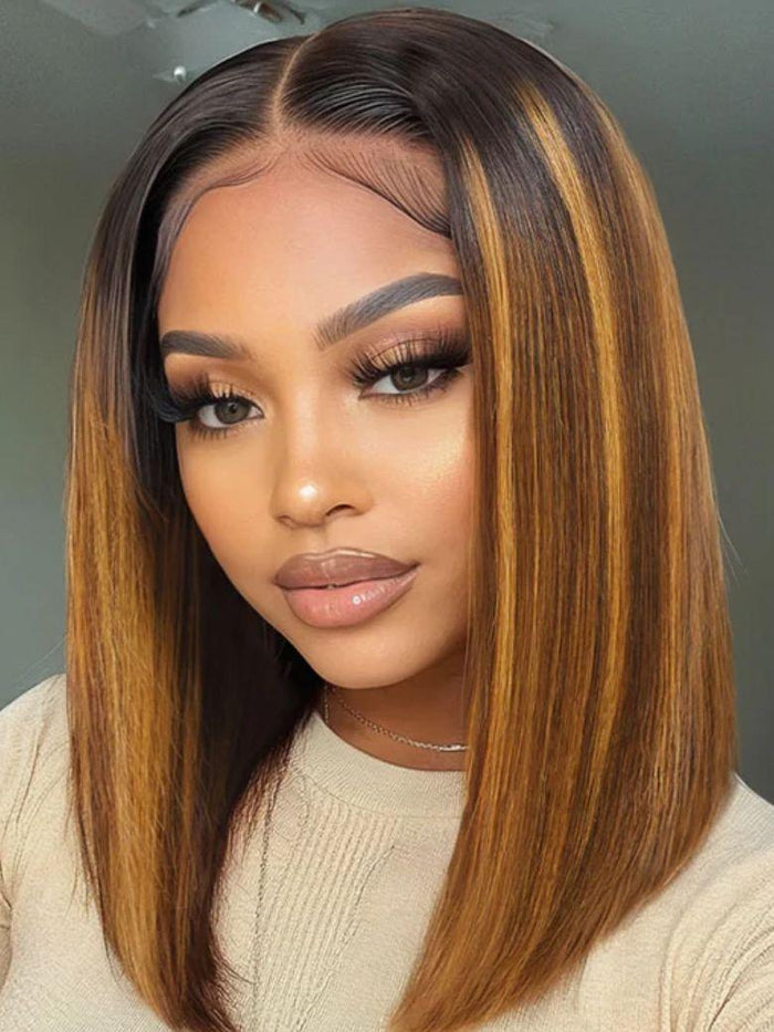 [Down To $79] Petaluxe Bye-Bye Knots 7x5 Lace Brown With Blonde Piano Highlights Blunt Bob Wig with Dark Roots