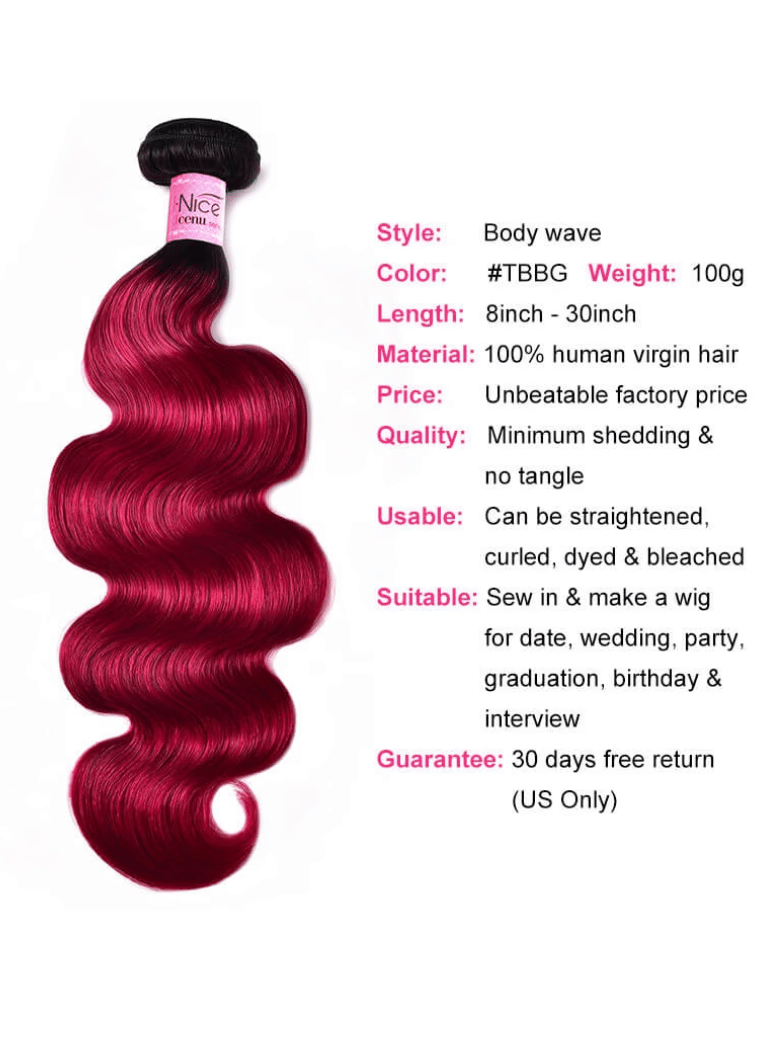 Pre-Colored Human Hair Weave #TB Burgundy Color Body Wave Hair Bundles 1 Bundle Deals Icenu Series