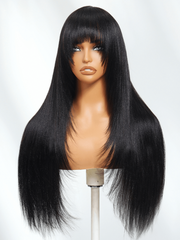 Black Yaki Wig Human Hair Glueless Wig with Blunt Bangs