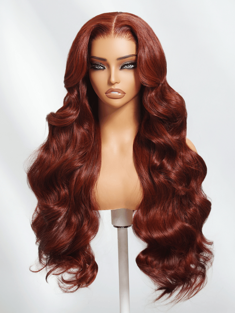 7x5 Bye Bye Knots Wig Glueless Lace Flattering Sun-Kissed Warm Tones Reddish Brown Body Wave Bleached Knots Wig