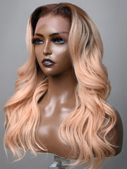 20 Inch 13x4 Lace Front Peachy Blonde Body Wave Wig With Dark Roots