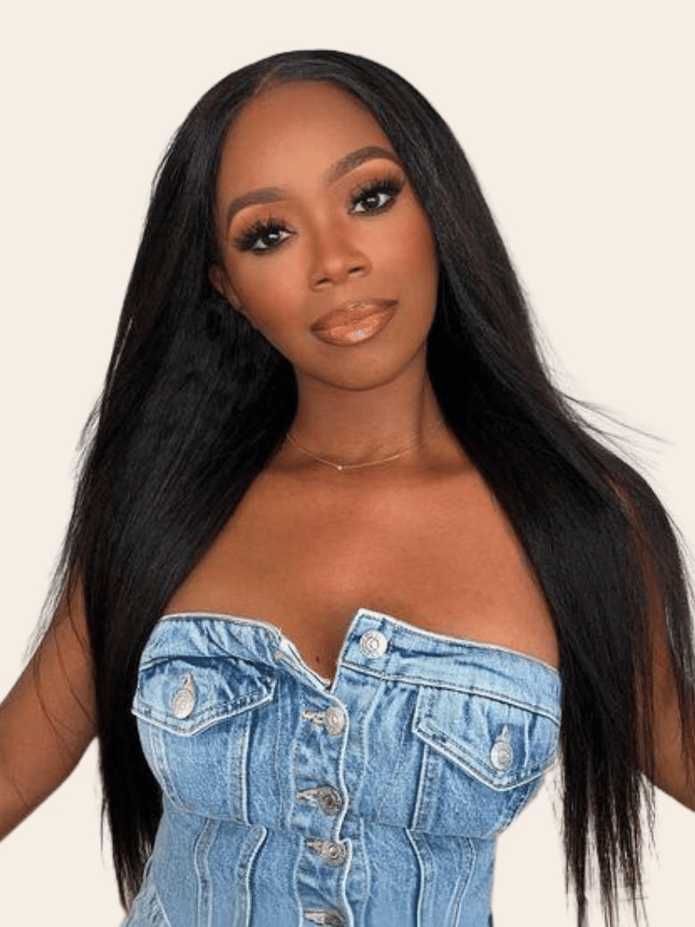 [18"=$99] EasiContour? V Part Glueless Yaki Straight Natural Black Wig With Invisi Drawstring 100% Human Hair