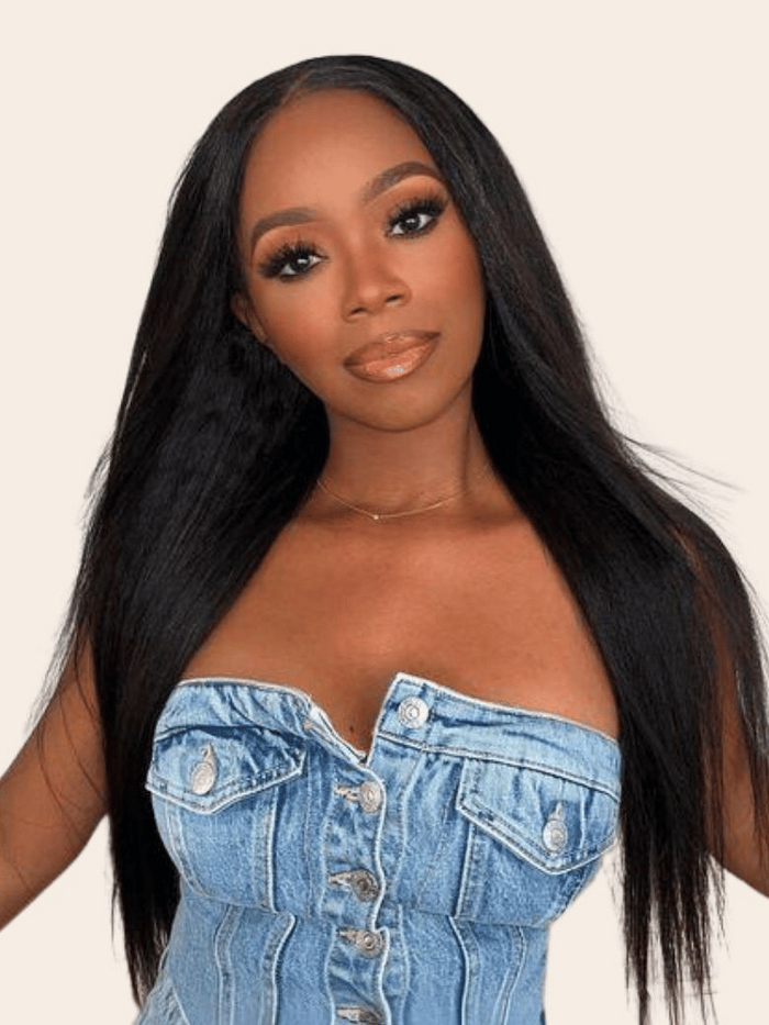 Petaluxe [18"=$99] EasiContour? V Part Glueless Yaki Straight Natural Black Wig With Invisi Drawstring 100% Human Hair