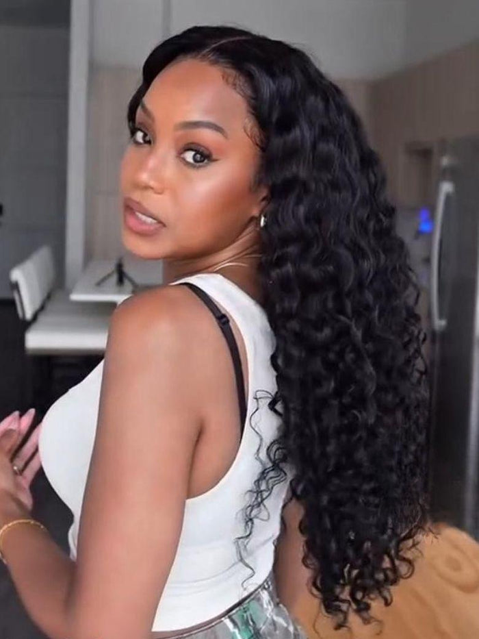 Petaluxe 7x5 Bye Bye Knots & 13x4 Pre-Everything? Pre Cut Lace Natural Black Water Wave Curly Drawstring No Baby Hair
