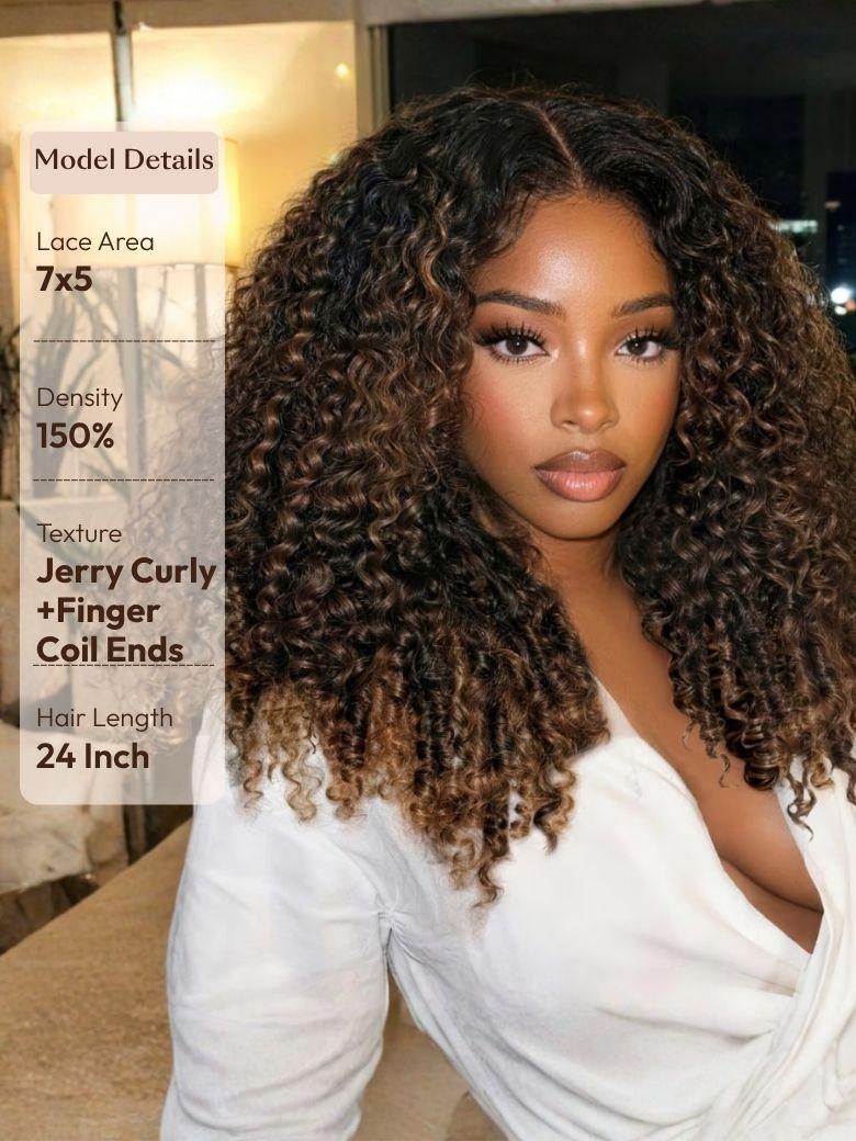 EasiContour? V Part Black to Chestnut Brown Jerry Curly Drawstring Wig & 7x5 Bye Bye Slip? Glueless Lace Burmese Curly With Finger Coil Ends Wig