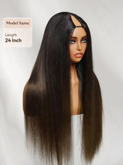 [18"=$99] EasiContour? V Part Glueless Yaki Straight Wig With Invisi Drawstring 100% Human Hair 180% Density