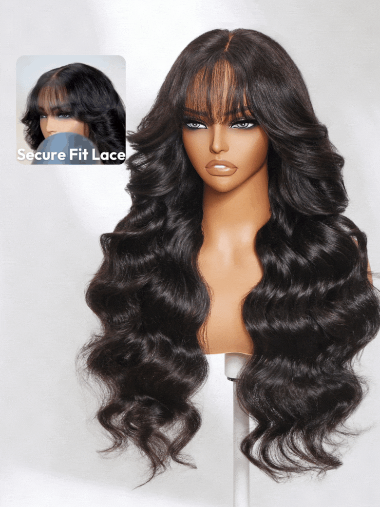 7x5 Bye-Bye Knots? & 13x4 Pre-Everything? Lace Frontal Black Fluffy Natural Loose Wave Curtain Bangs Wig