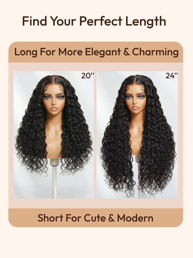 Infographic titled "Find Your Perfect Length" showing a 20-inch and 24-inch curly water wave wig side-by-side for visual length comparison.