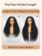 Infographic titled "Find Your Perfect Length" showing a 20-inch and 24-inch curly water wave wig side-by-side for visual length comparison.