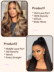2 Wigs $166 for 20" Balayage 13x5 Lace Part Body Wave Wig and 16inch Middle Lace Part Kinky Straight Hair Wig