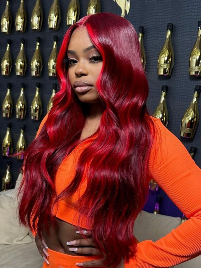Petaluxe [22"=$97] 13x4 Lace Front Wig Burgundy Highlight Kinky Straight Lace Front Wig 150% Density