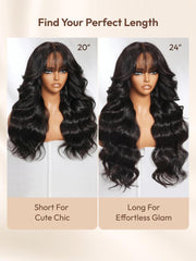 Human hair wig length chart comparing 20-inch loose wave and 24-inch long wavy black hair options with wispy bangs.